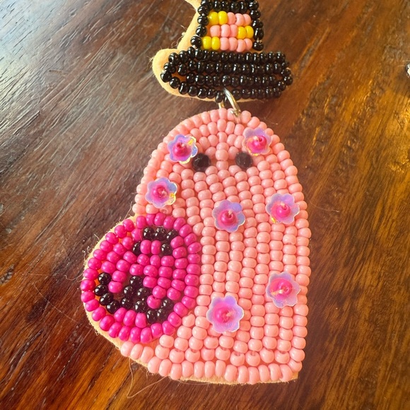Beaded Halloween Ghost Earrings – Pink Ghost with Witch Hat - Picture 3 of 5